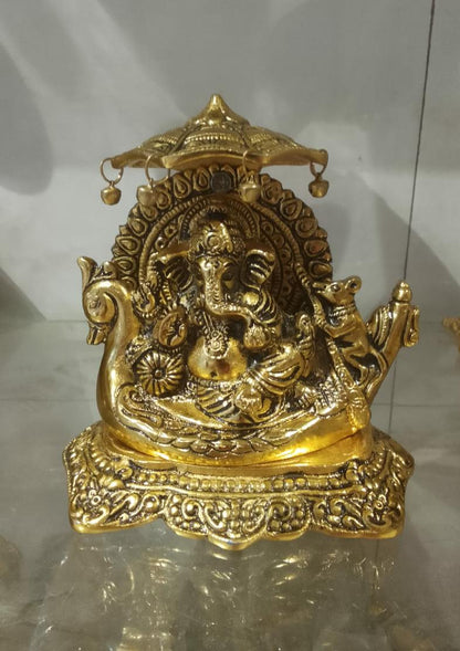 Golden Metal Boat Naav Ganesh Statue