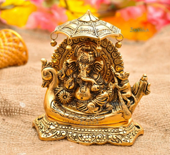 Golden Metal Boat Naav Ganesh Statue