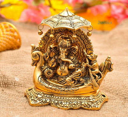 Golden Metal Boat Naav Ganesh Statue