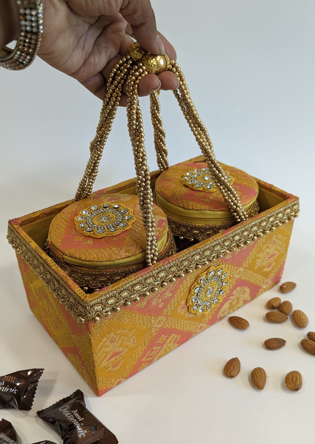 Wooden baskets made with brocade fabrics