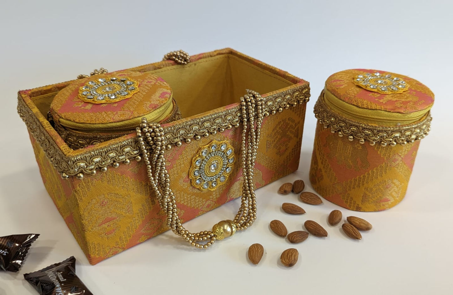 Wooden baskets made with brocade fabrics