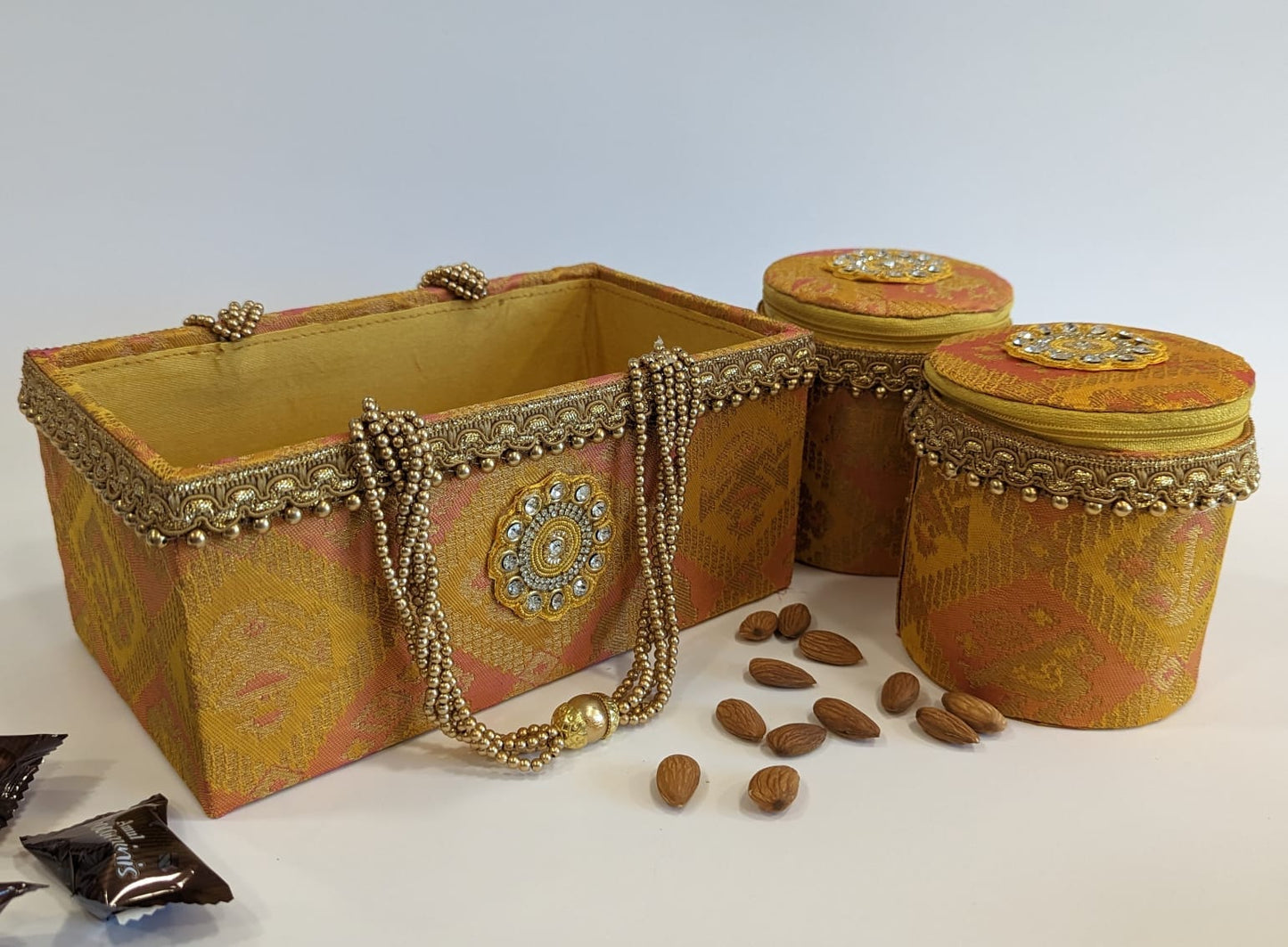 Wooden baskets made with brocade fabrics