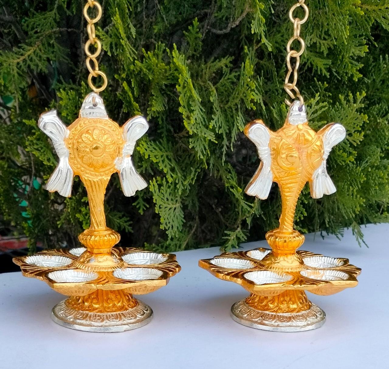 shanku chakra embossed panchmukhi HANGING diya pair