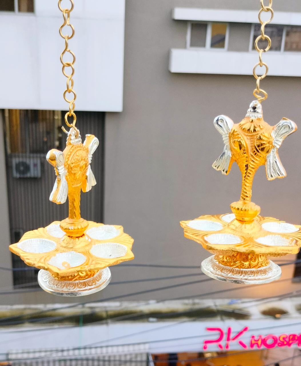 shanku chakra embossed panchmukhi HANGING diya pair