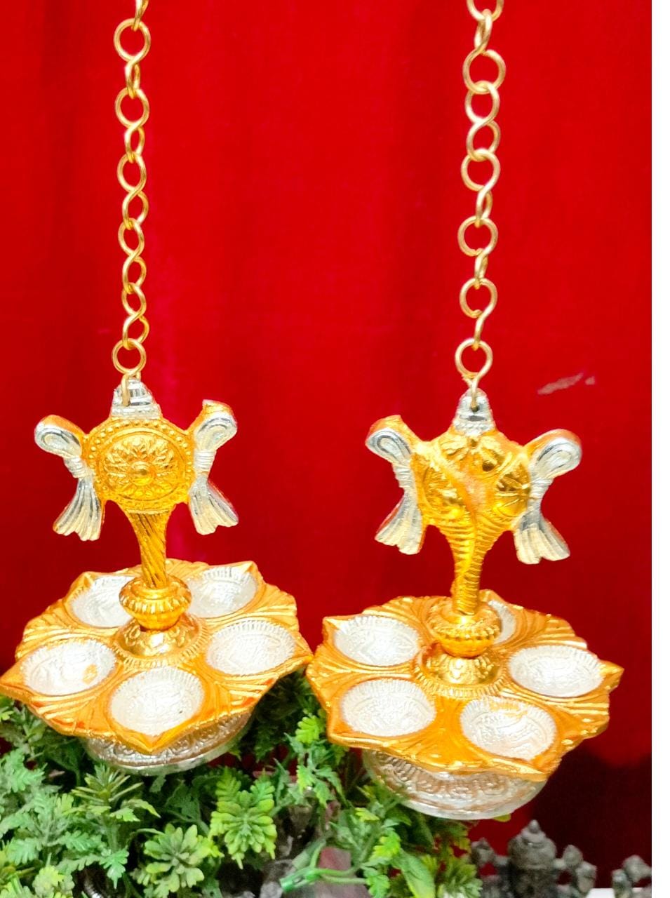 shanku chakra embossed panchmukhi HANGING diya pair