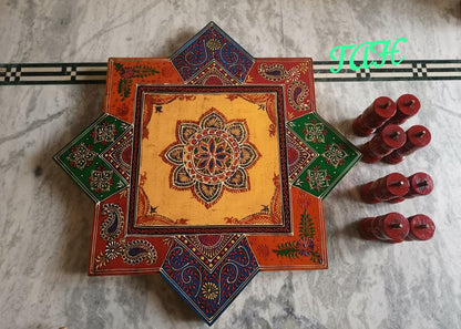 Wooden window with Indian miniature painting Lotus & cow motifs