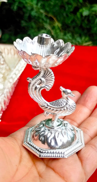 German Silver Peacock Lotus Diya