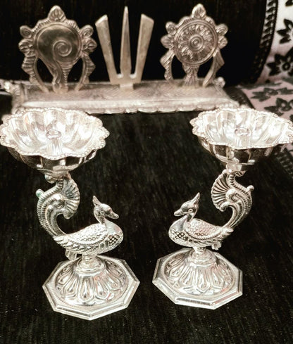 German Silver Peacock Diya pair