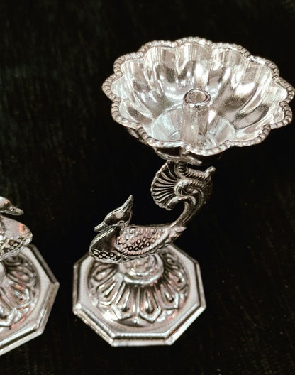 German Silver Peacock Diya pair