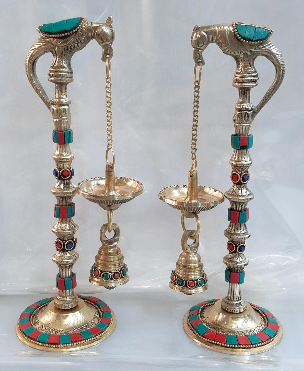 Peacock lamp with hanging lamps and bells